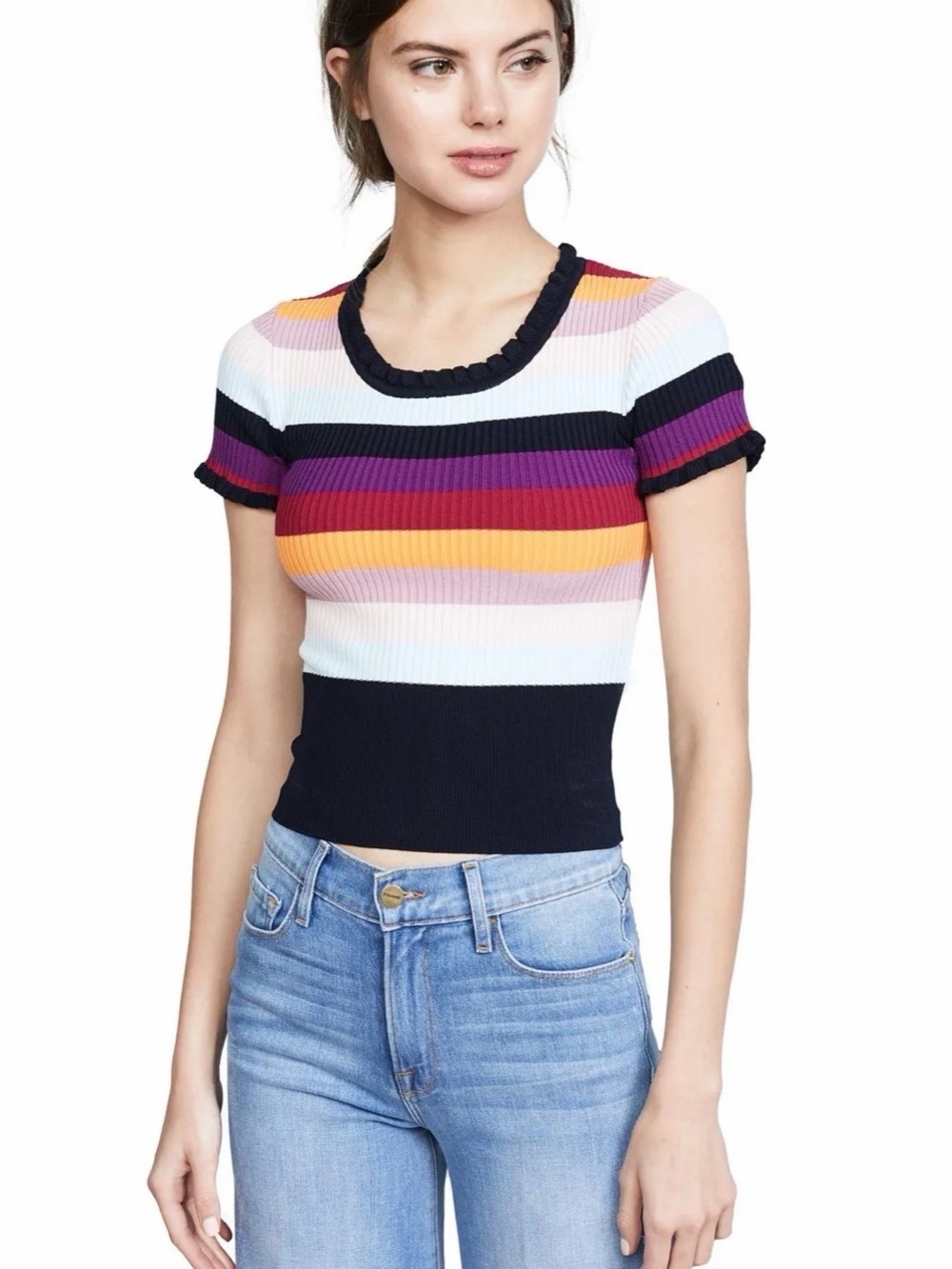 cinq a sept Nicolette Colorful Ribbed Short Sleeve Textured Ruffle Neck Top